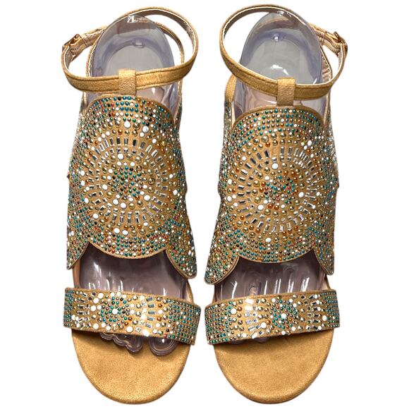 VENUS Womens 8 Tan Embellished Beaded Sandals Ankle Strap Block Heel - Picture 2 of 15